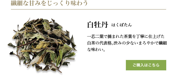 一芯二葉で摘まれた茶葉を丁寧に仕上げた白茶の代表格。渋みの少ないまろやかで繊細な味わい。