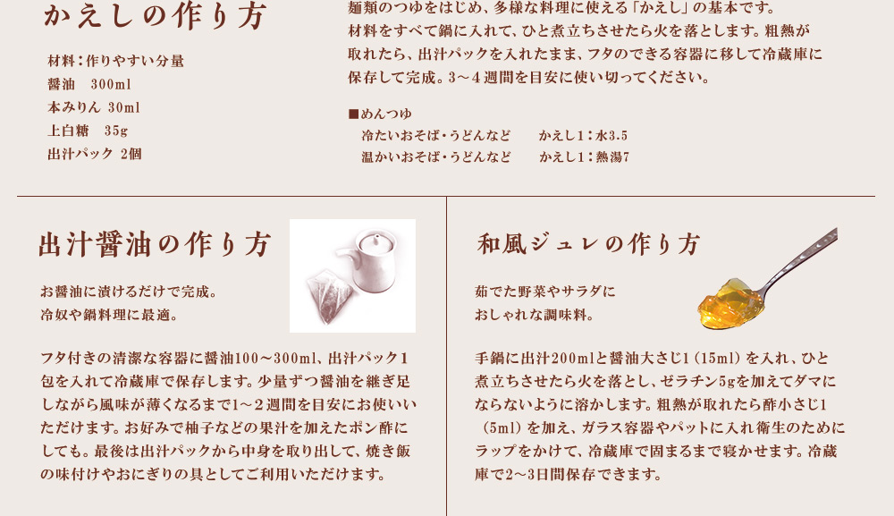 かえしの作り方/出汁醤油の作り方/和風ジュレの作り方